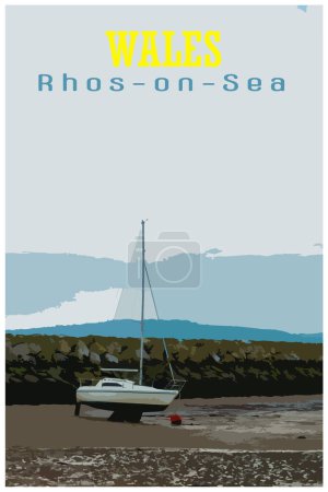 WPA inspired retro travel poster of boats moored in the harbour at Rhos-on-Sea at low tide.