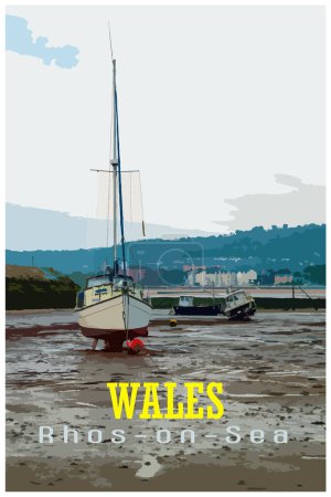 WPA inspired retro travel poster of a boats moored in the harbour at Rhos-on-Sea.