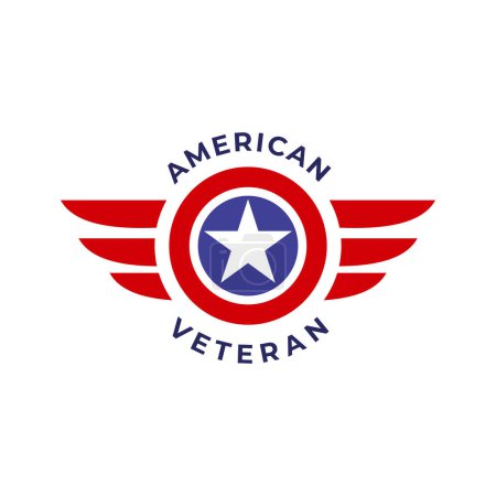 Ilustración de Insignia de alas con estrella de los Estados Unidos. Plantilla de diseño de logotipo de etiqueta de emblema de aviación. Estados Unidos veterano militar vector ilustración - Imagen libre de derechos