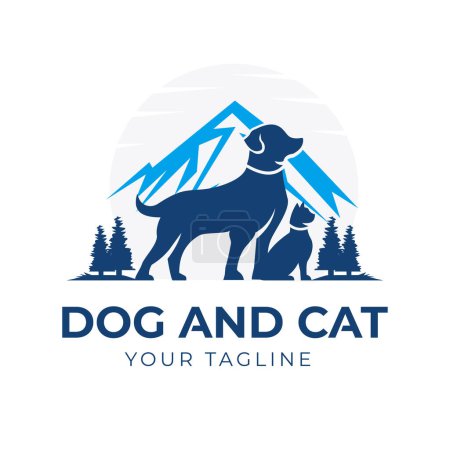 Téléchargez les illustrations : Vector Illustration of pet dog and cat and landscape background of mountains, lakes, pine trees, cypresses. Can be used as a pet shop - en licence libre de droit