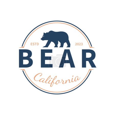 Téléchargez les illustrations : Logo emblème avec silhouette ours. Badge vintage californien Far West. Illustration vectorielle. - en licence libre de droit