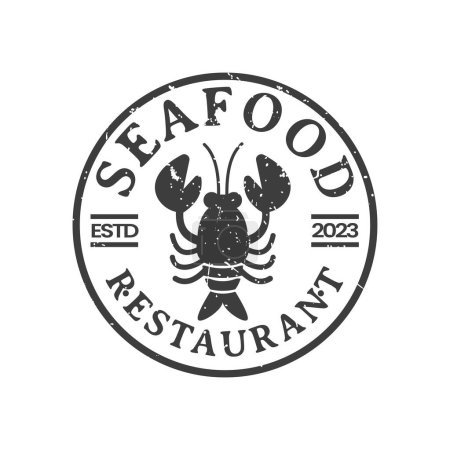 Téléchargez les illustrations : Logo vintage rétro de fruits de mer pour restaurant avec timbre vectoriel silhouette homard - en licence libre de droit