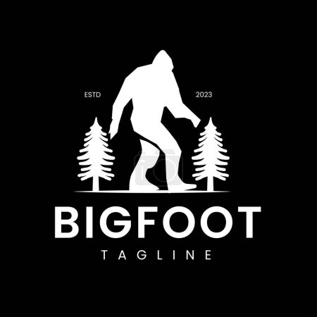 Téléchargez les illustrations : Bigfoot marche silhouette vectoriel arbre design symbole rétro vintage vectoriel illustration. Fond noir - en licence libre de droit