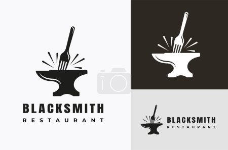 Téléchargez les illustrations : Forgeron Logo silhouette vectorielle avec icône de symbole de fourche fond noir. Design de restaurant - en licence libre de droit