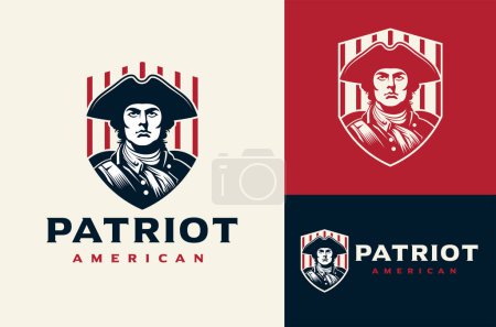 Illustration for Silhouette of an American Patriot Face Wearing a Hat with a Red Striped Shield. United States Revolutionary War Soldier Vintage Design. Red, Dark Blue and White Background - Royalty Free Image