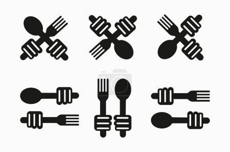 Illustration for Set of Icons of Hand holding Spoon and Fork Cutlery with Silhouettes vector Illustrations - Royalty Free Image