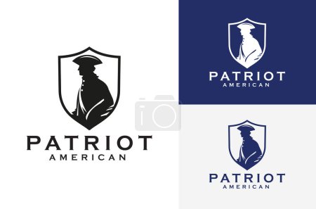 Silhouette of American Patriot Soldier in defense shield shape icon symbol design Vintage Illustration Design