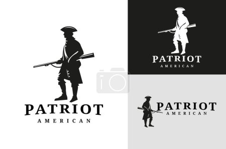 Téléchargez les illustrations : Silhouette patriote américaine classique. Illustration Vintage Design des soldats de la guerre d'indépendance des États-Unis sur fond noir et blanc - en licence libre de droit