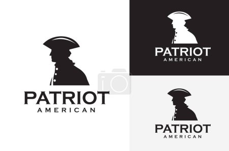 Téléchargez les illustrations : Classic American Patriot Silhouette Face. United States Revolutionary War Army Soldier Vintage Illustration Design sur fond blanc noir - en licence libre de droit