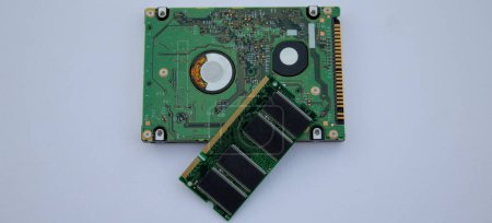Photo for Image of a ram memory and a hard disk of a computer. Technological components of a pc. Banner - Royalty Free Image