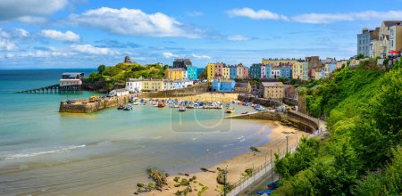 Panoramic view of colorful houses and harbor in historical Tenby Old town, the popular resort in South Wales, Pembrokeshire, United Kingdom