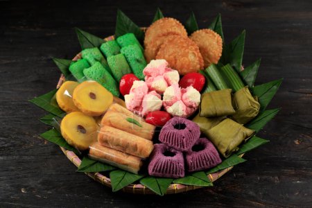 Photo for Jajan Pasar Tampah, Assorted Colorful Indonesian Traditional Cakes Served During Festivities - Royalty Free Image