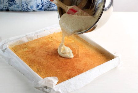Photo for Pour Batter to the Pan with Fresh Baked Layer Cake, Step by Step Making Lapis Legit - Royalty Free Image