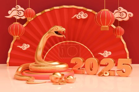 Le serpent est un symbole du Nouvel An chinois 2025. 3d rendent l'illustration du Serpent d'Or sur un podium, lingots d'or Yuan Bao, lanternes chinoises, ventilateur et pièces de monnaie. Signe du zodiaque Serpent, concept pour calendrier lunaire