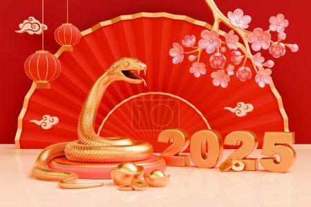Le serpent est un symbole du Nouvel An chinois 2025. 3d rendent l'illustration de Serpent se tordant autour des nombres 2025, lingot d'or Yuan Bao, lanternes, pièces de monnaie et fleurs de sakura. Concept calendrier lunaire