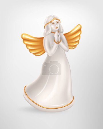 Realistic white ceramic figurine of Christmas Angel. Decoration of a praying Christmas Angel with golden wings. Vector illustration. Element for New Years Design