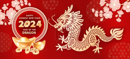 Dragón es un símbolo del año nuevo chino 2024. Banner horizontal con Dragón, lingotes de oro realistas Yuan Bao, monedas, flores de sakura sobre fondo rojo. El deseo de riqueza, la suerte monetaria