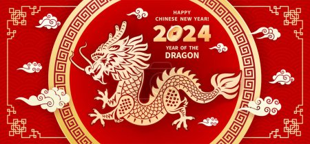 Drache ist ein Symbol für das chinesische Neujahrsfest 2024. Horizontales Weihnachtsbanner mit Drachen, Goldmünzen und Wolken. Traditioneller Rahmen auf rotem Hintergrund. Der Wunsch nach Wohlstand, Wohlstand, monetärem Glück