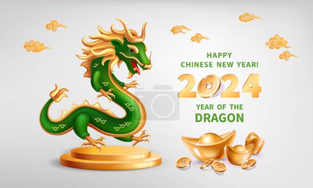 Grüner Holzdrache ist ein Symbol für das chinesische Neujahrsfest 2024. Realistische 3D-Figur des Drachen auf einem Podium mit Goldbarren Yuan Bao, Münzen auf grauem Hintergrund. Vektorillustration des Sternzeichen-Drachen