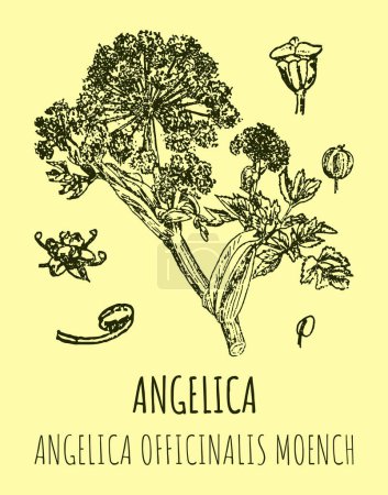 Téléchargez les photos : Dessins d'Angelica archangelica. Illustration dessinée à la main. Nom latin ANGELICA OFFICINALIS MOENCH - en image libre de droit