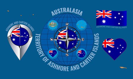 Photo for Set of illustrations of Flag, outline map, icons of TERRITORY OF ASHMORE AND CARTIER ISLANDS. Australian Outer Territory. Travel concept. - Royalty Free Image