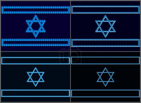 Photo for Israeli flags on a dark mournful background. Symbols of Israel based on the Penrose triangle. Monolithic basis of Israeli symbols based on unusual figures with violations of the laws of geometry - Royalty Free Image