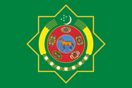 Téléchargez les photos : Le drapeau officiel actuel et les armoiries du Turkménistan. Drapeau d'État du Turkménistan. Illustration. - en image libre de droit