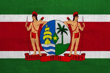 Téléchargez les photos : Drapeau et armoiries de la République du Suriname sur fond texturé. Collage conceptuel. - en image libre de droit