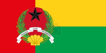 Die offizielle aktuelle Flagge und das Wappen der Republik Guinea-Bissau. Staatsflagge von Guinea-Bissau. Illustration.