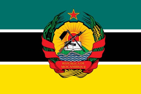 The official current flag and coat of arms of Republic of Mozambique. State flag of Mozambique. Illustration.