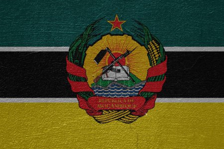 Flag and coat of arms of Republic of Mozambique on a textured background. Concept collage.