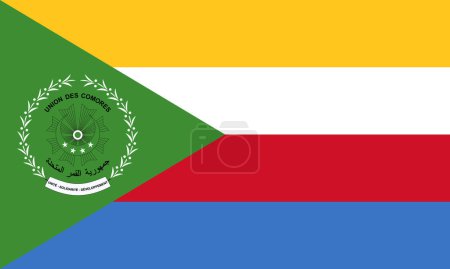 The official current flag and coat of arms of Union of the Comoros. State flag of Comoros. Illustration.