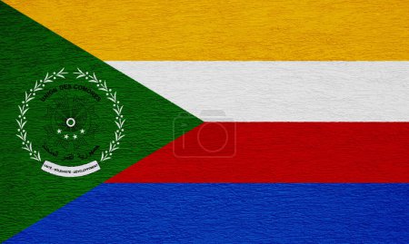 Photo for Flag and coat of arms of Union of the Comoros on a textured background. Concept collage. - Royalty Free Image