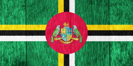 Flagge und Wappen des Commonwealth of Dominica auf strukturiertem Hintergrund. Konzeptcollage.