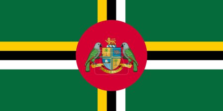 Die offizielle aktuelle Flagge und das Wappen des Commonwealth of Dominica. Staatsflagge von Dominica. Illustration.