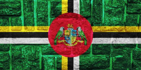 Flagge und Wappen des Commonwealth of Dominica auf strukturiertem Hintergrund. Konzeptcollage.