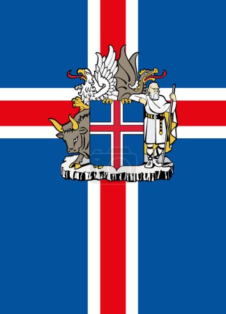 Die offizielle aktuelle Flagge und das Wappen Islands. Die isländische Flagge. Illustration.