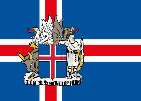 Die offizielle aktuelle Flagge und das Wappen Islands. Die isländische Flagge. Illustration.