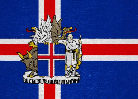 Flagge und Wappen Islands auf strukturiertem Hintergrund. Konzeptcollage.