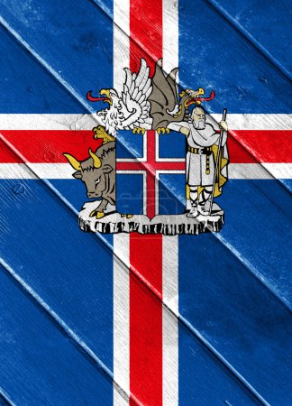 Flagge und Wappen Islands auf strukturiertem Hintergrund. Konzeptcollage.