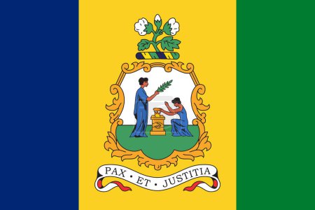 The official current flag and coat of arms of Saint Vincent and the Grenadines. State flag of Saint Vincent. Illustration.