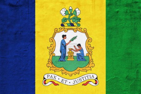 Flag and coat of arms of Saint Vincent and the Grenadines on a textured background. Concept collage.