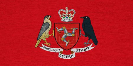 Bandera y escudo de armas de Isle of Man fondo texturizado. Concepto collage.