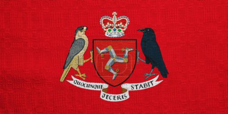 Bandera y escudo de armas de Isle of Man fondo texturizado. Concepto collage.