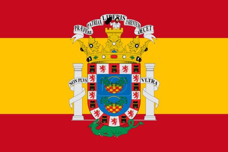 Coat of arms of Melilla on the flag of Spain. Conceptual collage.