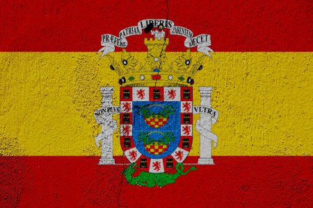 Coat of arms of Melilla on the flag of Spain on a textured background. Conceptual collage.
