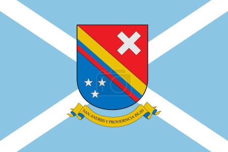 La actual bandera oficial y escudo de armas de San Andrés, Providencia y Santa Catalina. Bandera Estatal de San Andrés. Ilustración.