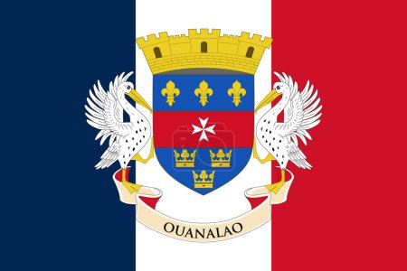 Le drapeau officiel actuel de Saint-Barthélemy sur le drapeau de la France. Drapeau national de Saint-Barthélemy. Illustration.