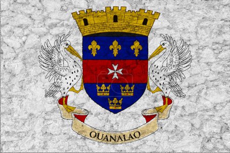 Bandera y escudo de armas de San Bartolomé fondo texturizado. Concepto collage.