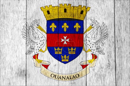 Bandera y escudo de armas de San Bartolomé fondo texturizado. Concepto collage.
